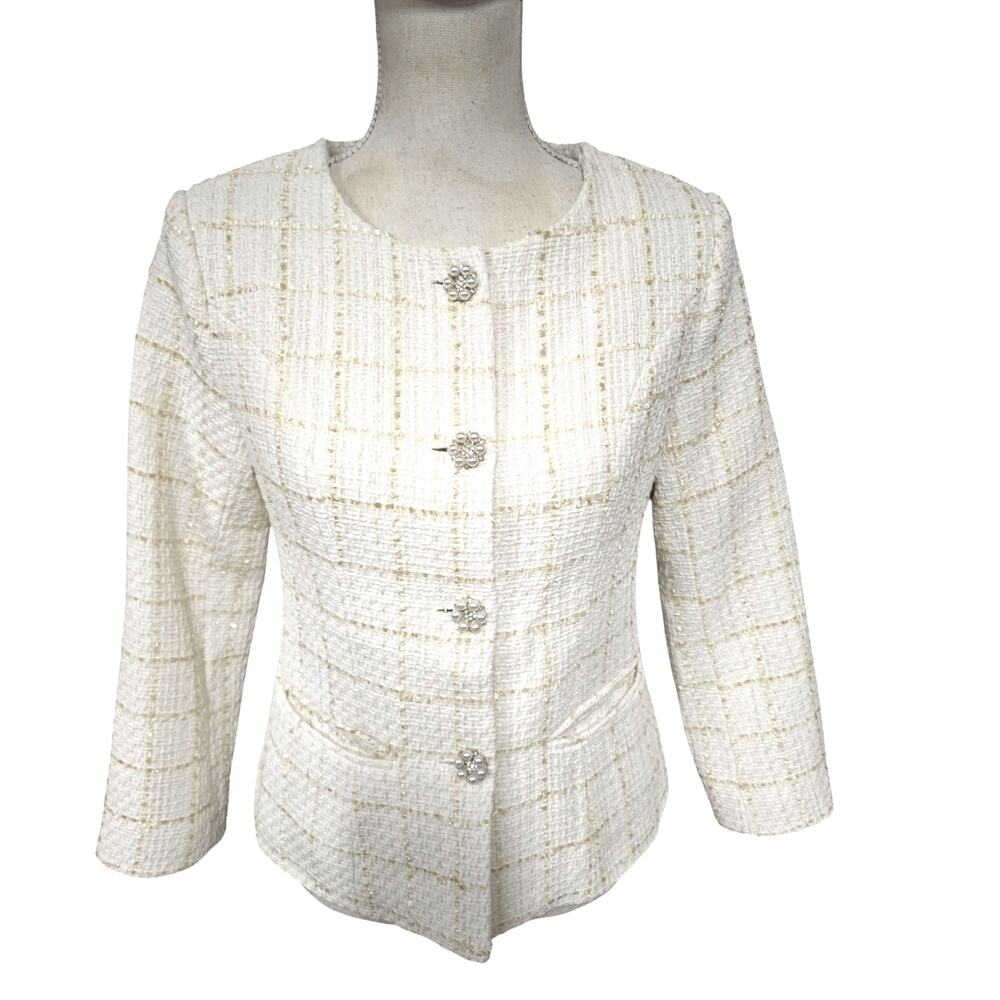 Textured White & Gold Jacket with Pearl and Rhinestone Buttons